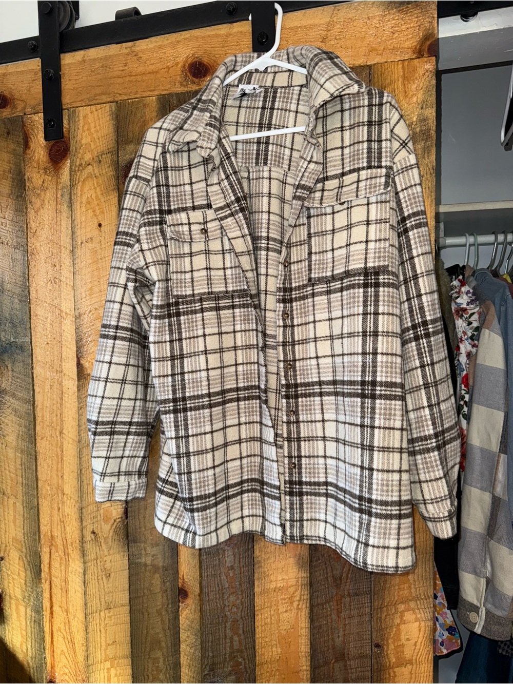 Princess Polly Plaid Teddy Shacket in Cream and Brown